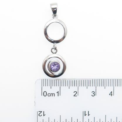 925 Sterling Silver Vintage Real Round-Cut Amethyst Circle Drop Charm Pendant