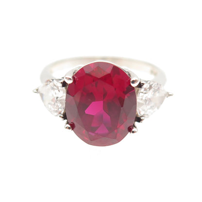 925 Sterling Silver Vintage Lab-Created Ruby & C Z Ring Size 6