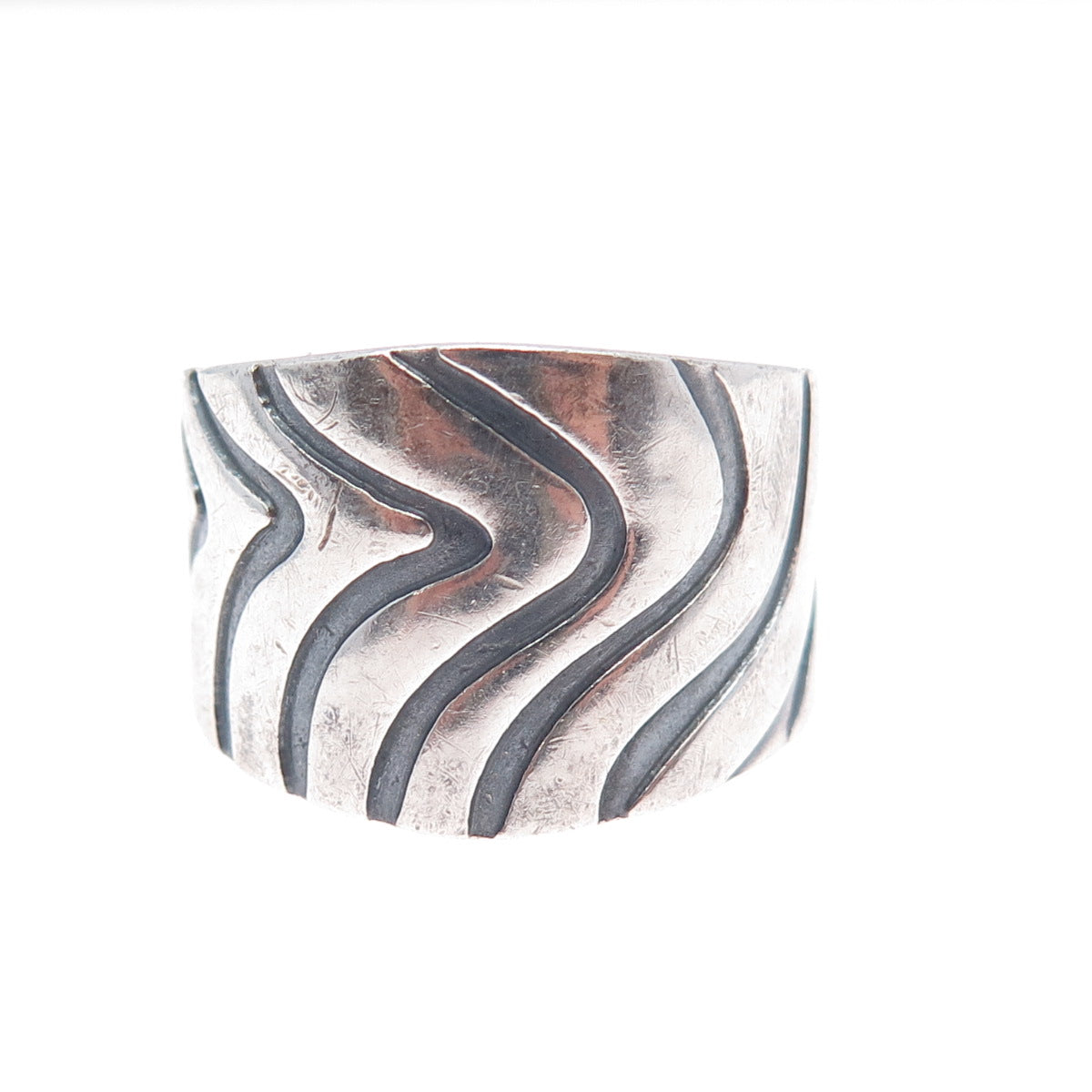925 Sterling Silver Vintage Mexico Modernist Zebra Oxidized Ring Size 14.25