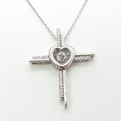 925 Sterling Silver Italy Round-Cut C Z Heart Cross Cable Chain Necklace 18"