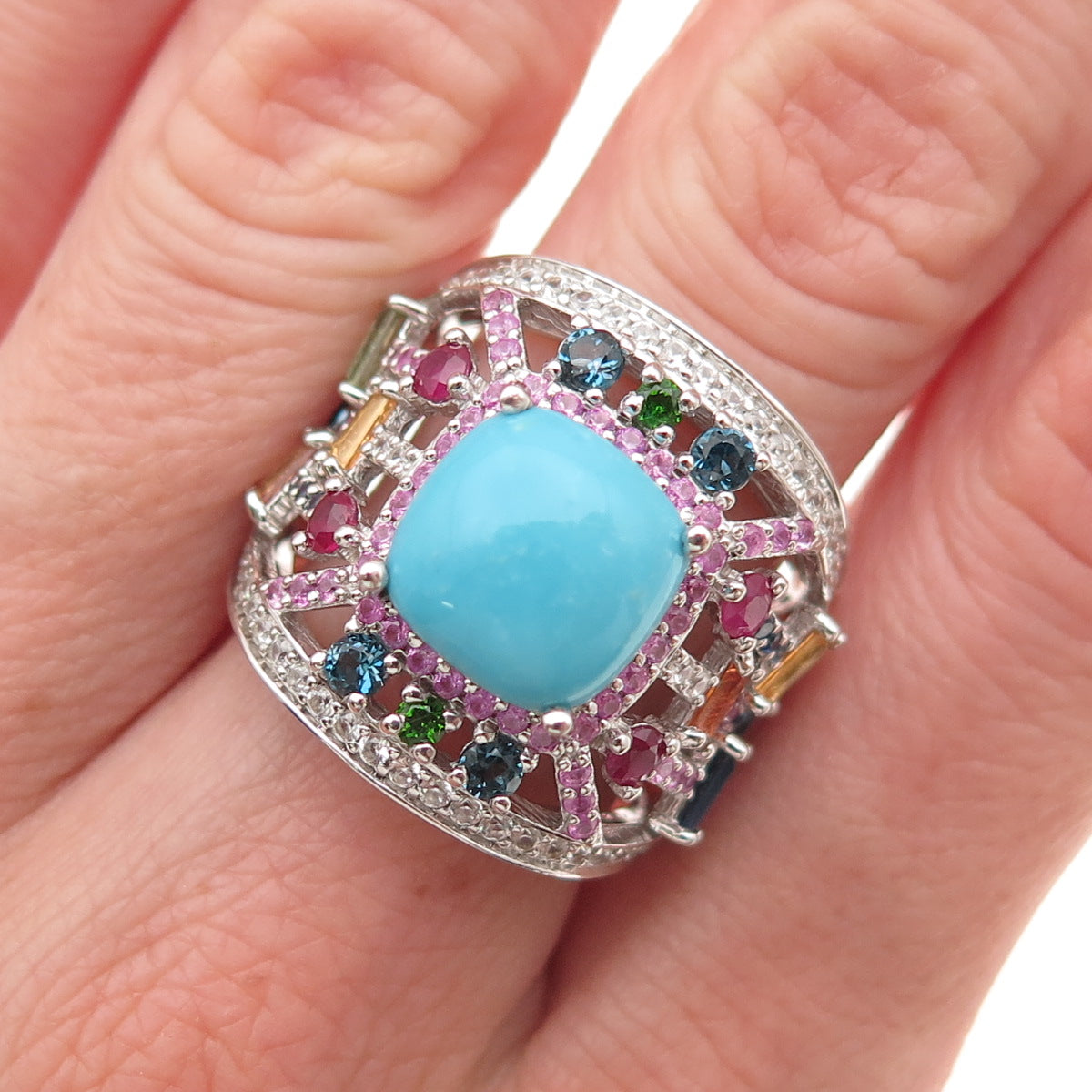 Carol Brodie Sterling Silver Real Turquoise Multi-Color Sapphire Ring Size 7.25