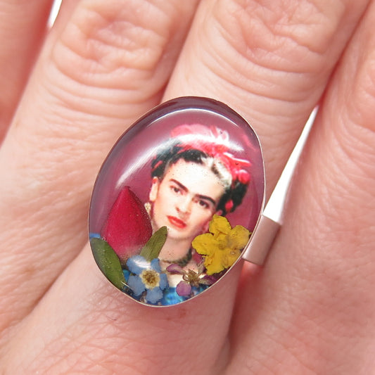 925 Sterling Silver Vintage Pressed Flower Frida Kahlo Portrait Ring Size 9