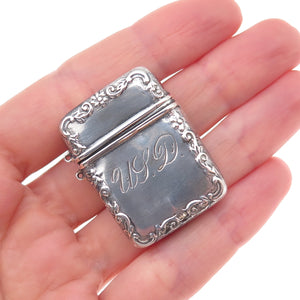 925 Sterling Silver Antique Art Deco Engraved Monogram Vesta Match Case