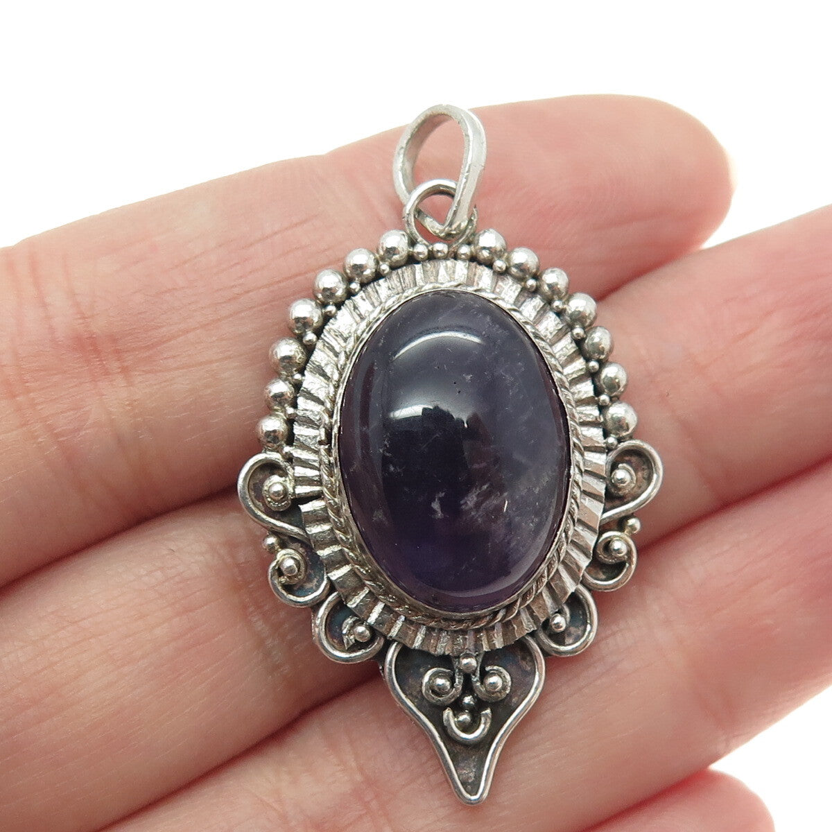 925 Sterling Silver Vintage Real Amethyst Swirl & Beaded Oxidized Pendant