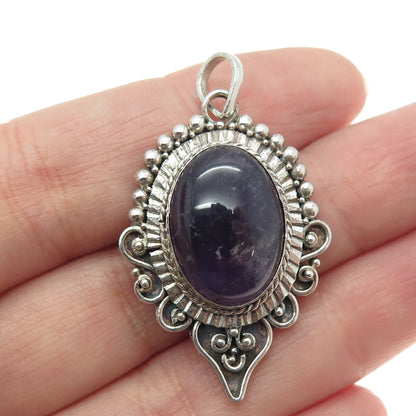 925 Sterling Silver Vintage Real Amethyst Swirl & Beaded Oxidized Pendant