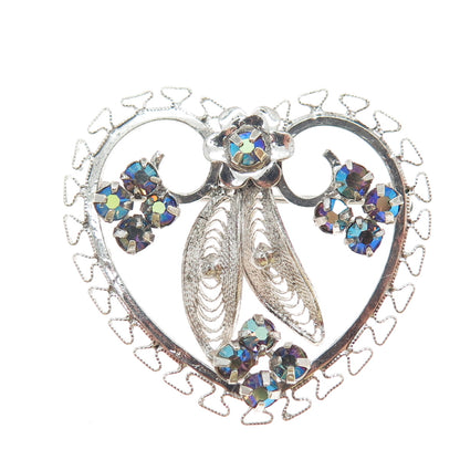 CURTIS CREATIONS Sterling Vintage Rhinestone Flower & Heart Filigree Pin Brooch