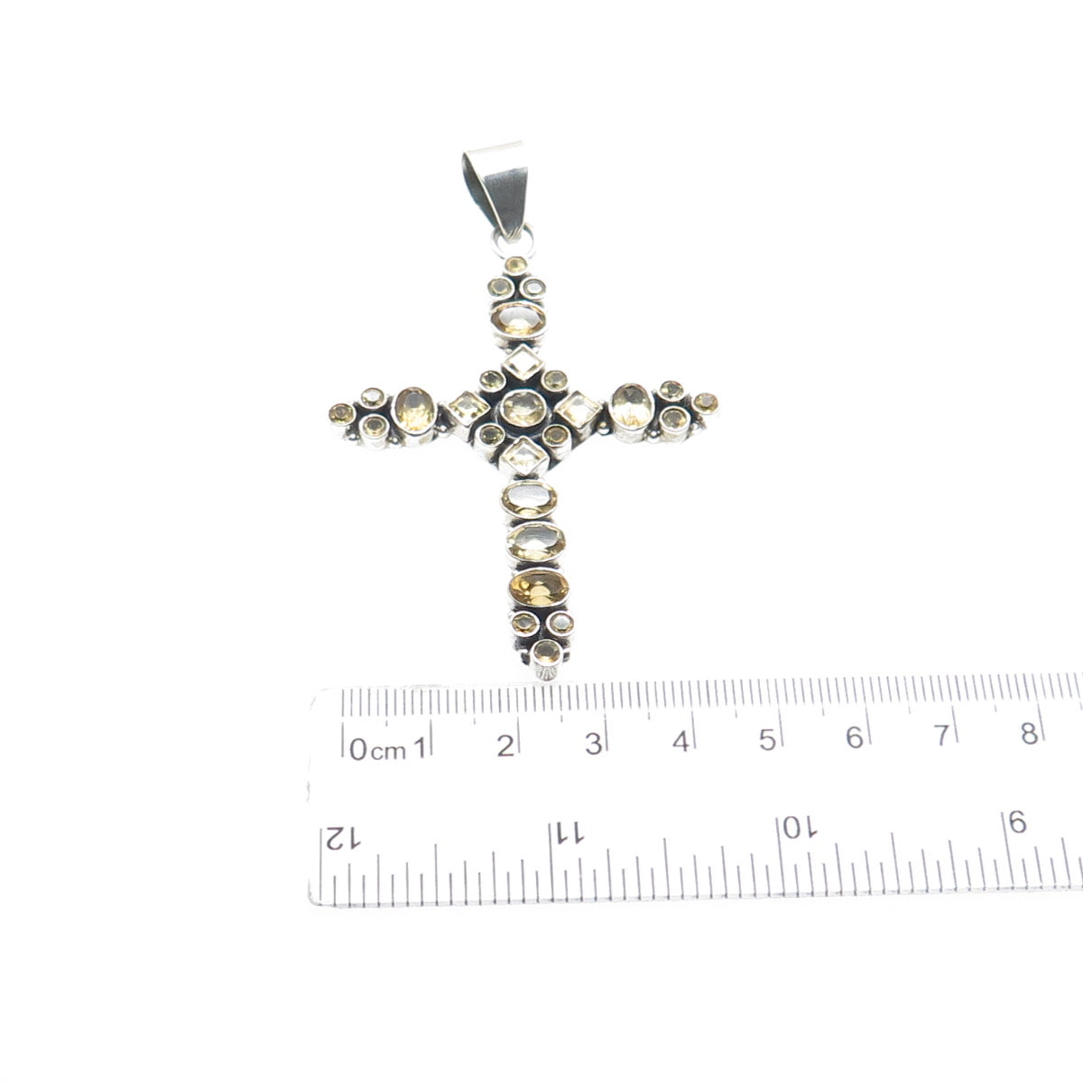 925 Sterling Silver Vintage Real Multi-Cut Citrine Cluster Cross Pendant