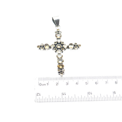 925 Sterling Silver Vintage Real Multi-Cut Citrine Cluster Cross Pendant