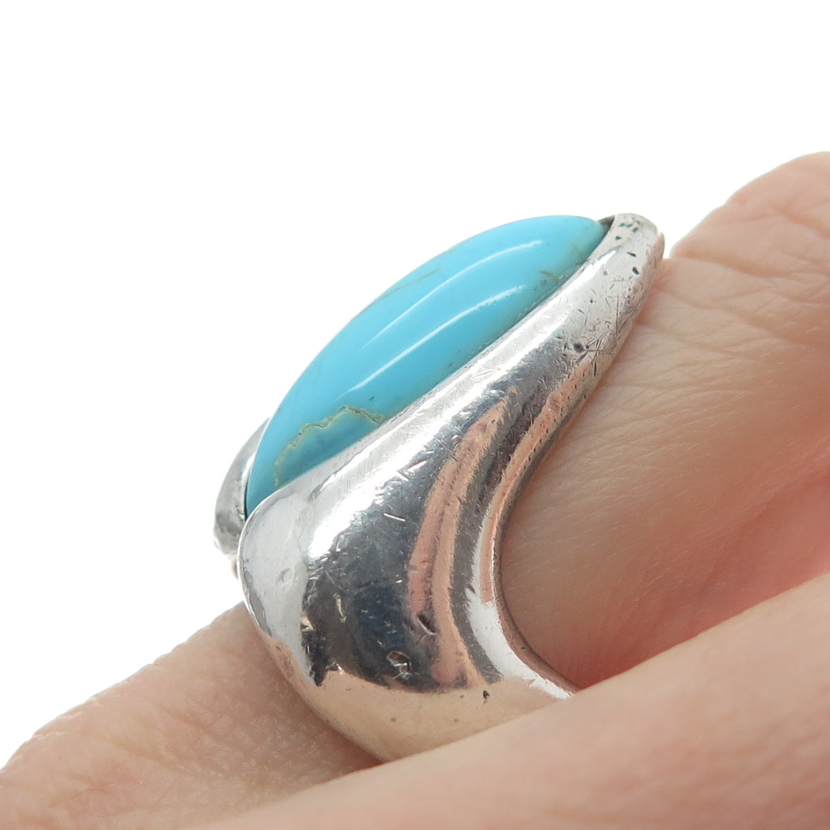 925 Sterling Silver Vintage Real Lone Mountain Turquoise Modernist Ring Size 7