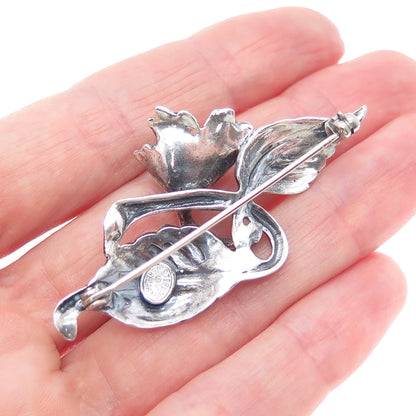 JEWELART 925 Sterling Silver Vintage Modernist Tulip Flower Oxidized Pin Brooch