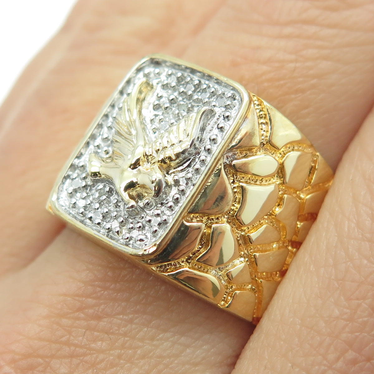 925 Sterling Silver Gold Plated Real Round-Cut Diamond Eagle Ring Size 10.25