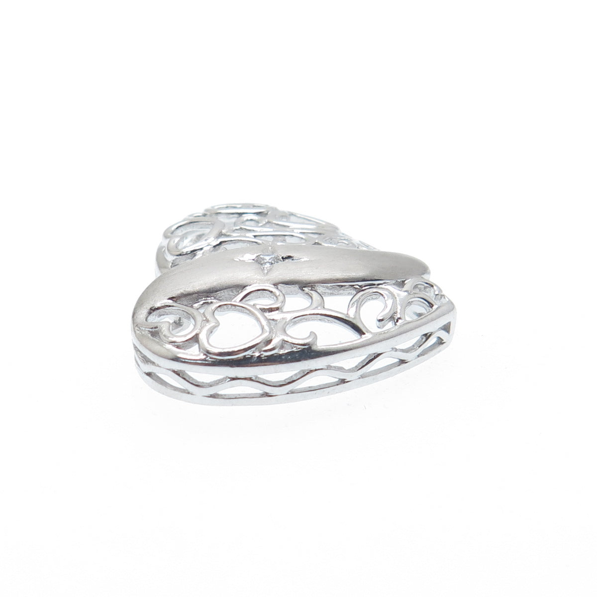 925 Sterling Silver Round-Cut C Z Heart Ornate Charm Slide Pendant