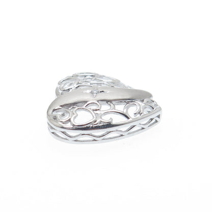 925 Sterling Silver Round-Cut C Z Heart Ornate Charm Slide Pendant