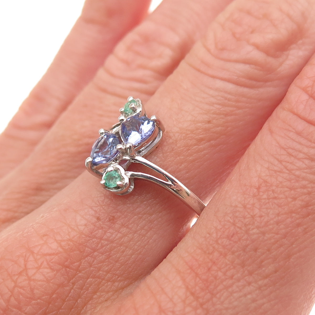 Chuck Clemency 925 Sterling Silver Real Tanzanite & Emerald Heart Ring Size 8.25