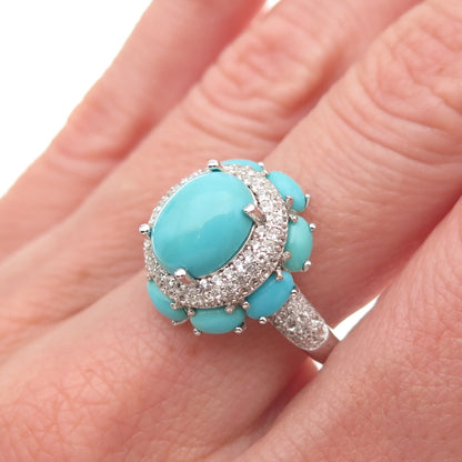 925 Sterling Silver Real Tyrone Turquoise & White Topaz Floral Ring Size 8.25