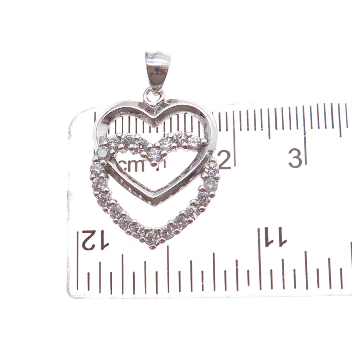925 Sterling Silver Round-Cut C Z Double Heart Charm Pendant