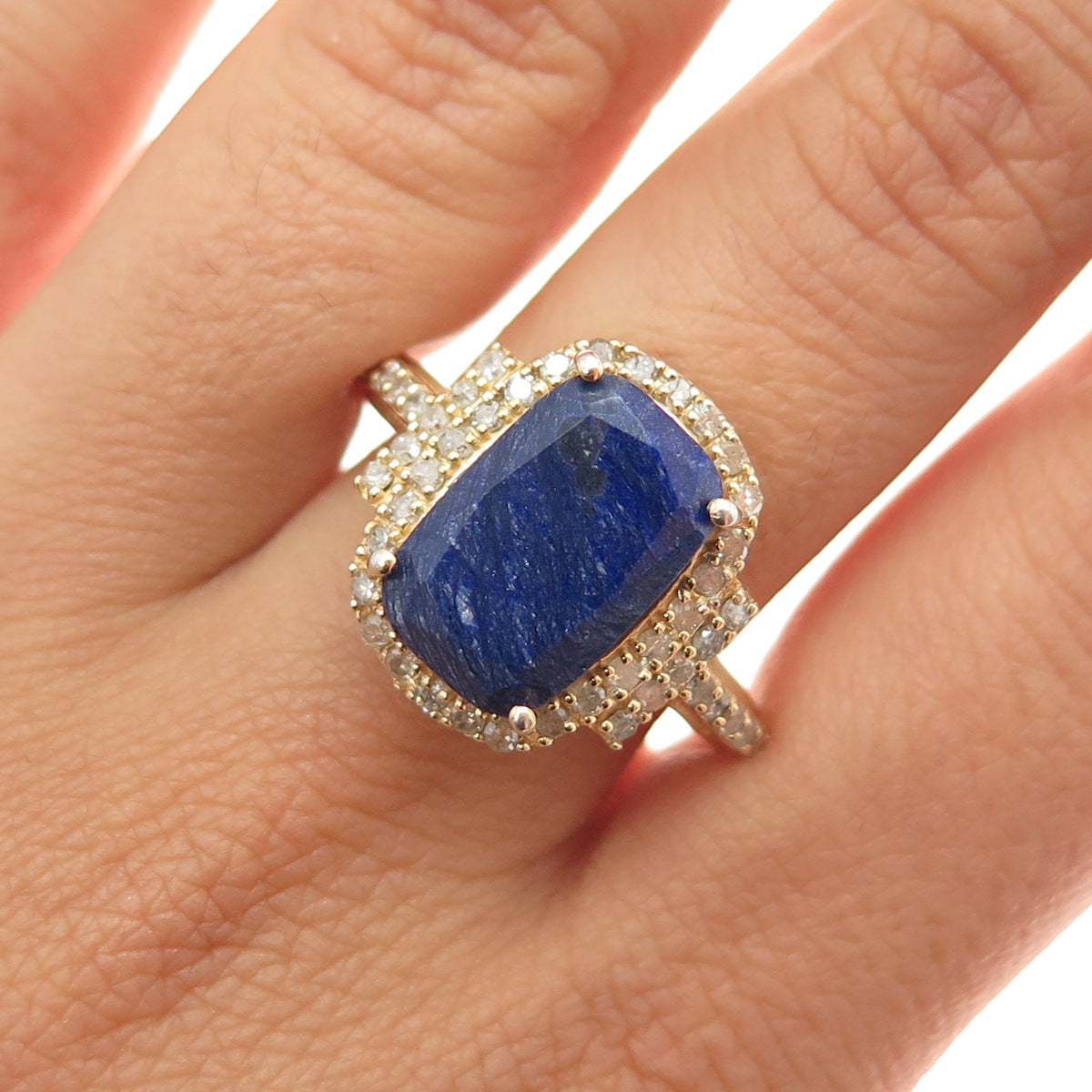 DSMK 925 Sterling Silver Gold Plated Real Diamond & Sapphire Ring Size 9.25