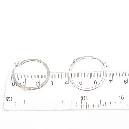 Sun 925 Sterling Silver 10K Gold Real Diamond Cross Hoop Earrings