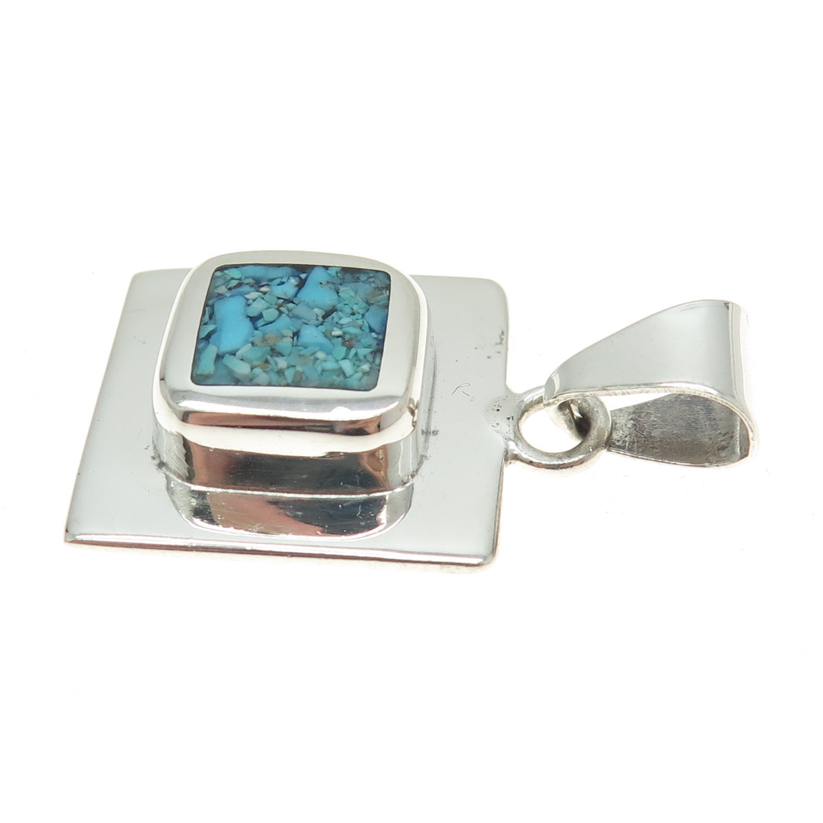 925 Sterling Silver Vintage Mexico Real Turquoise Inlay Square Pendant