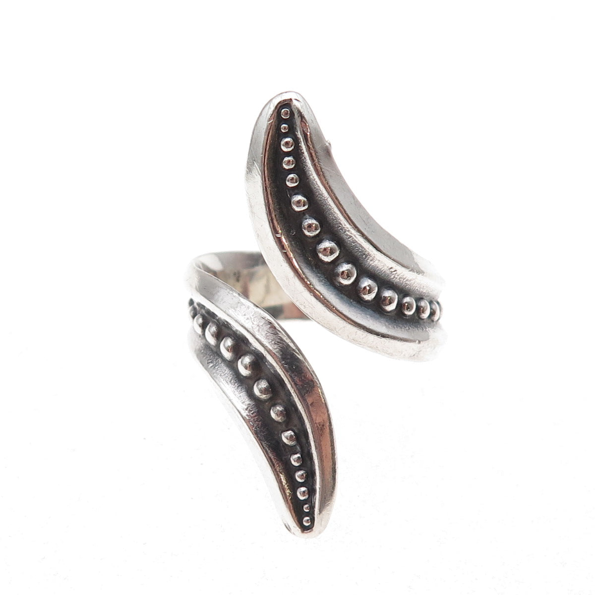 925 Sterling Silver Vintage Mexico Beaded Oxidized Bypass Ring Size 9.5