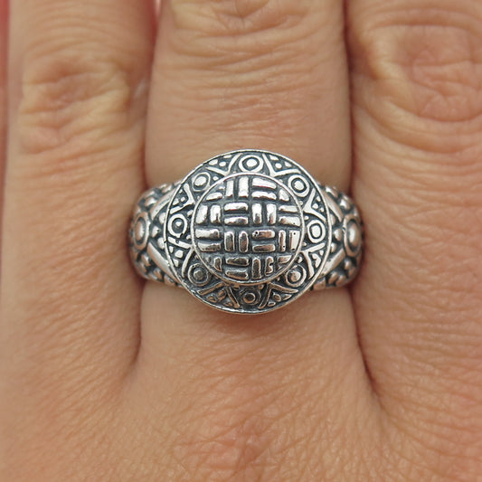 925 Sterling Silver Vintage Ethnic Sun Ornate Oxidized Ring Size 8