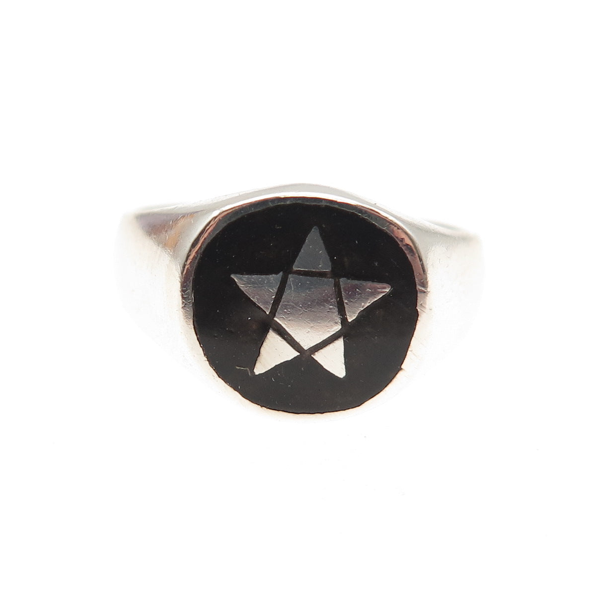 925 Sterling Silver Vintage Black Enamel Pentagram Oxidized Signet Ring Size 6