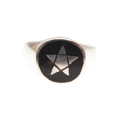 925 Sterling Silver Vintage Black Enamel Pentagram Oxidized Signet Ring Size 6