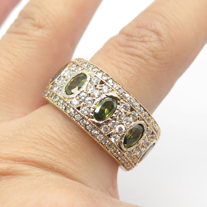 925 Sterling Silver Gold Plated White & Green C Z Band Ring Size 11