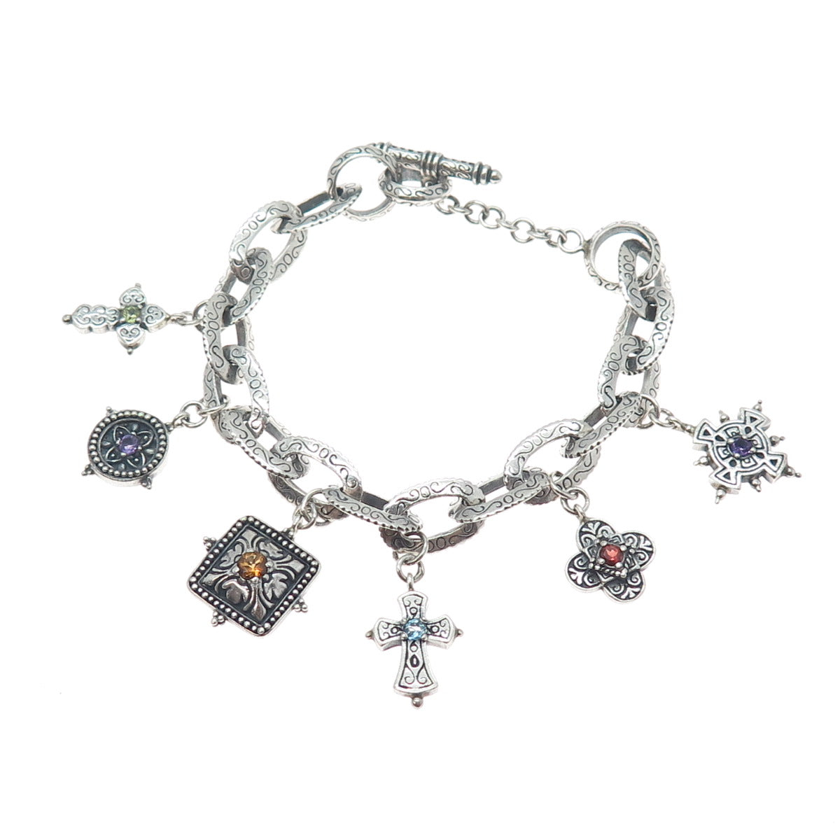 SAMUEL BENHAM BJC Sterling Silver Vintage Real Multi-Gem Cross Bracelet 6.75"