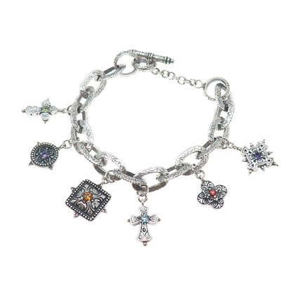 SAMUEL BENHAM BJC Sterling Silver Vintage Real Multi-Gem Cross Bracelet 6.75"