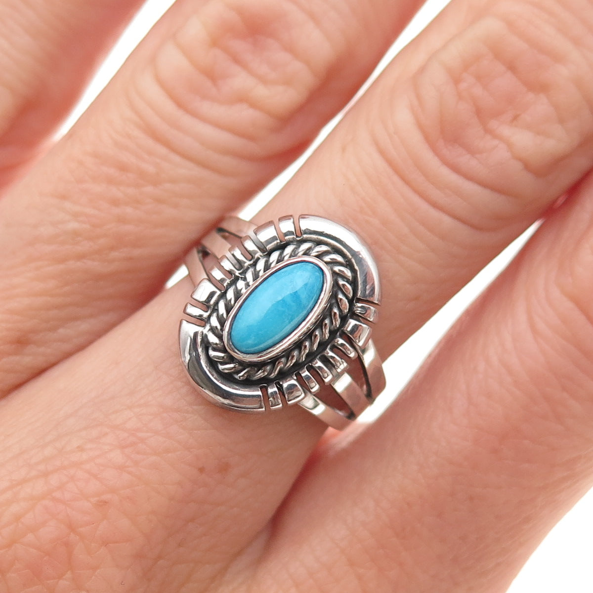 925 Sterling Silver Vintage Real Sleeping Beauty Turquoise Oxidized Ring Size 7