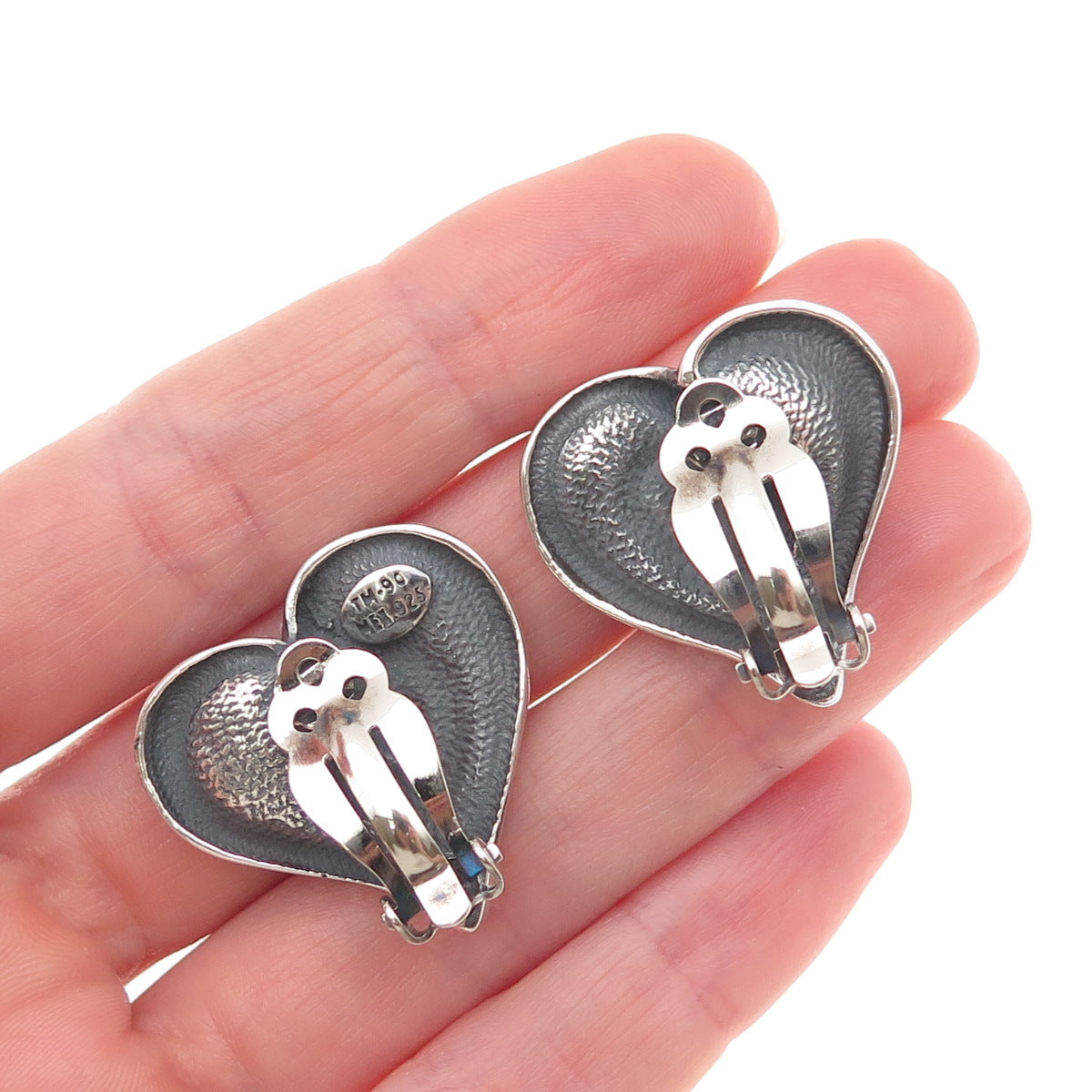 925 Sterling Silver Vintage Mexico Modernist Heart Oxidized Clip On Earrings