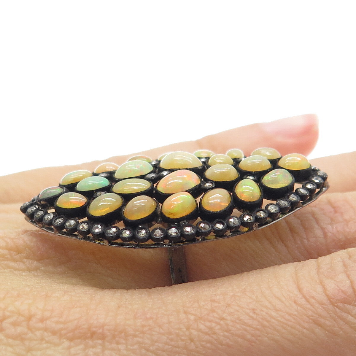 925 Sterling Silver Black Rhodium Real Diamond & Opal Cluster Ring Size 6.75