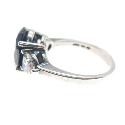 925 Sterling Silver Lab-Created Oval-Cut Sapphire & Heart-Cut C Z Ring Size 6