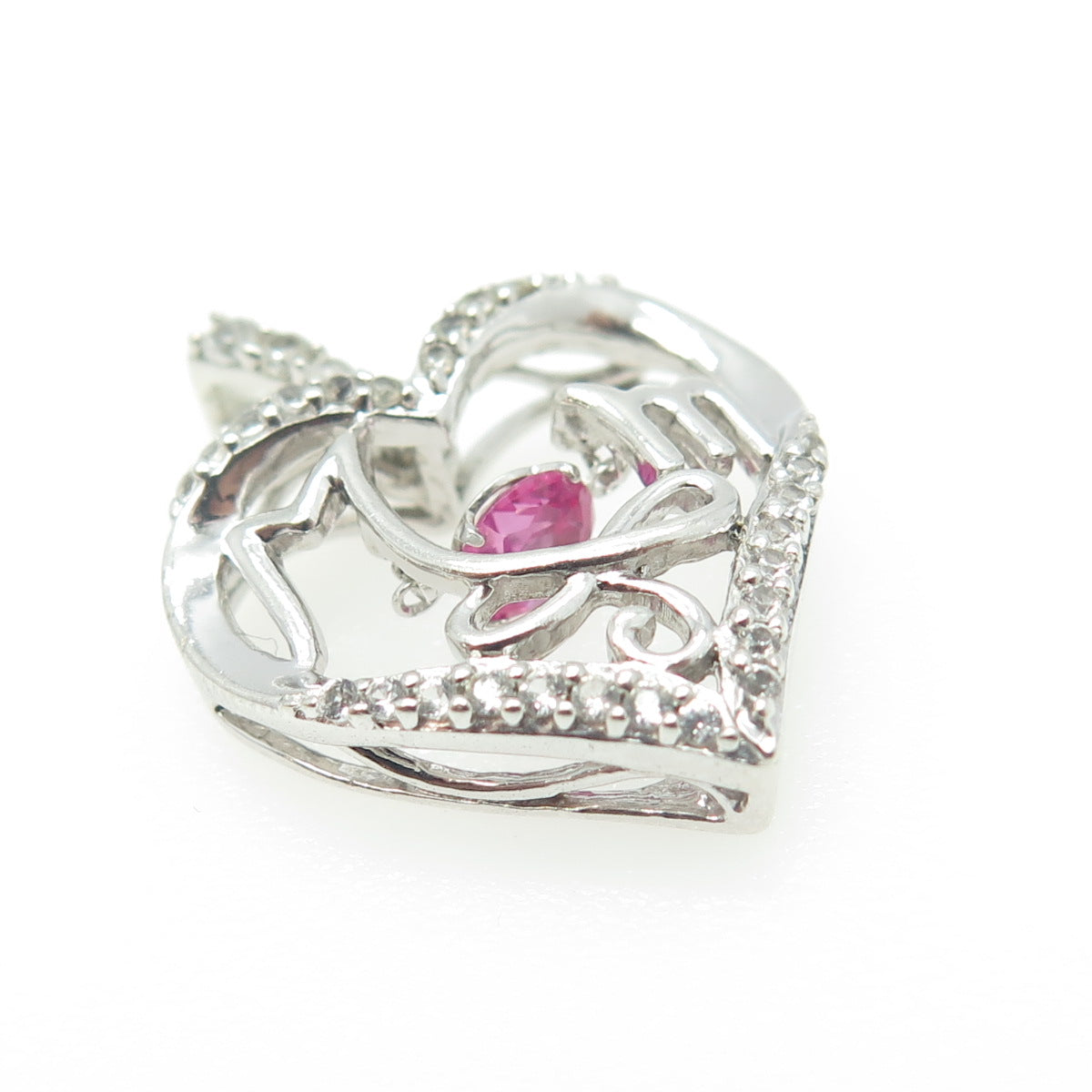 925 Sterling Silver Lab-Created Pink Sapphire & White Topaz "MOM" Heart Pendant