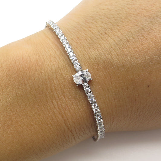 925 Sterling Silver Oval & Round-Cut C Z Tennis Bolo Adjustable Bracelet 6-9"