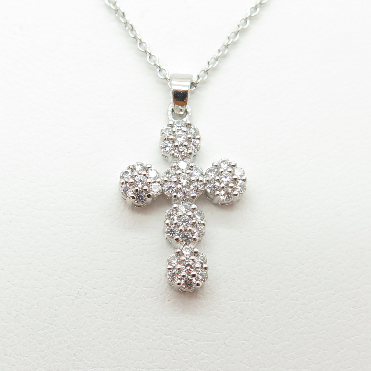 925 Sterling Silver Round-Cut C Z Sparkle Cross Cable Chain Necklace 16-18"