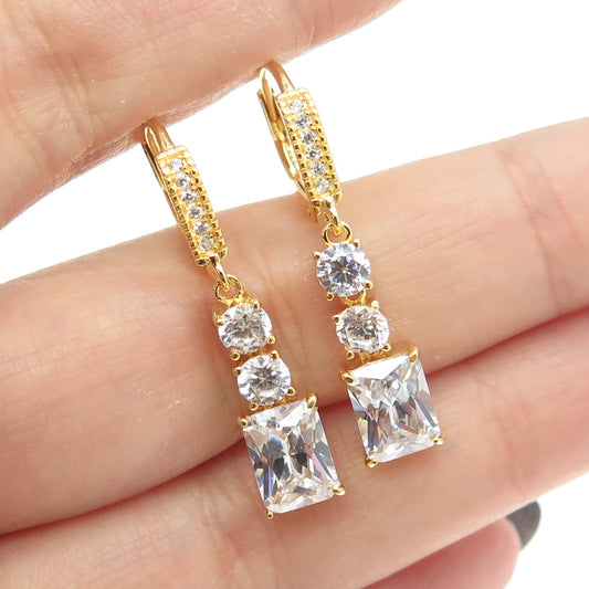 925 Sterling Silver Gold Plated Radiant & Round-Cut C Z Dangling Earrings