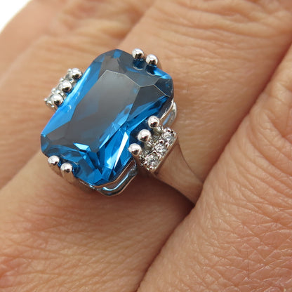 925 Sterling Silver Radiant & Round-Cut Blue White C Z Ring Size 8.25