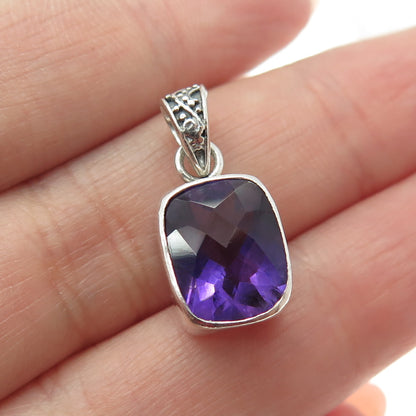 925 Sterling Silver Vintage Real Amethyst Gemstone Minimalist Pendant