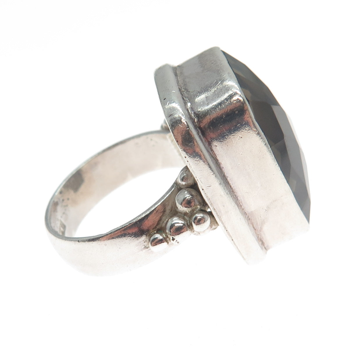925 Sterling Silver Vintage Real Smoky Quartz Modernist Beaded Ring Size 6.5