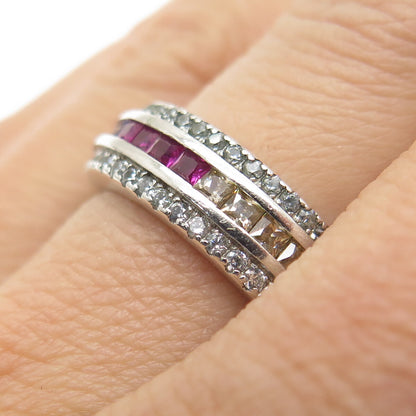 925 Sterling Silver Princess & Round-Cut Multi-Color C Z Eternity Ring Size 7.25