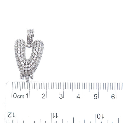 925 Sterling Silver Round-Cut C Z Sparkle Melted Letter V Initial Charm Pendant