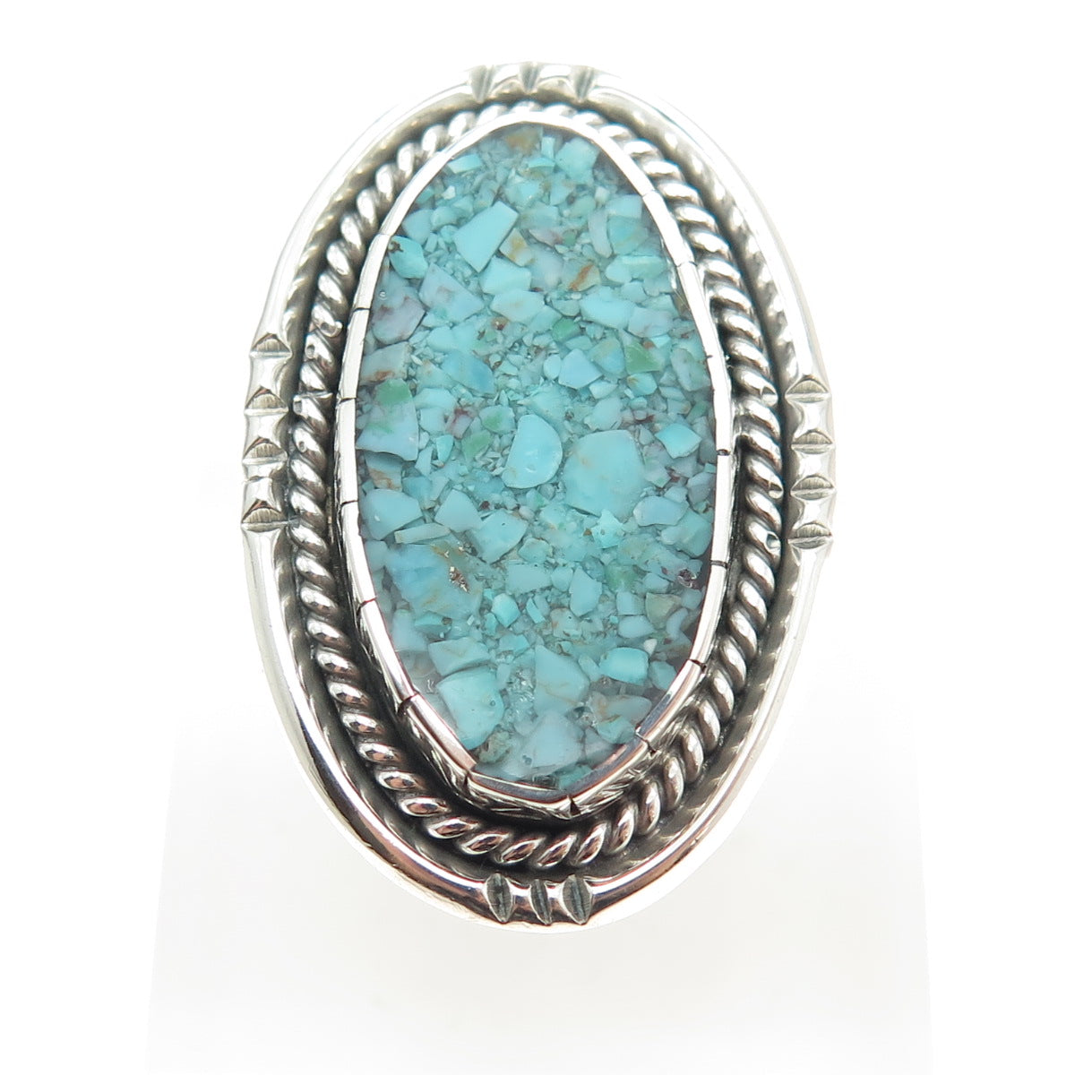 PATRICIA PLATERO Old Pawn Sterling Vintage Navajo Turquoise Inlay Ring Size 6.75