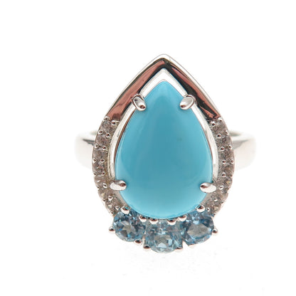 925 Sterling Silver Real Turquoise Blue & White Topaz Teardrop Ring Size 8.25