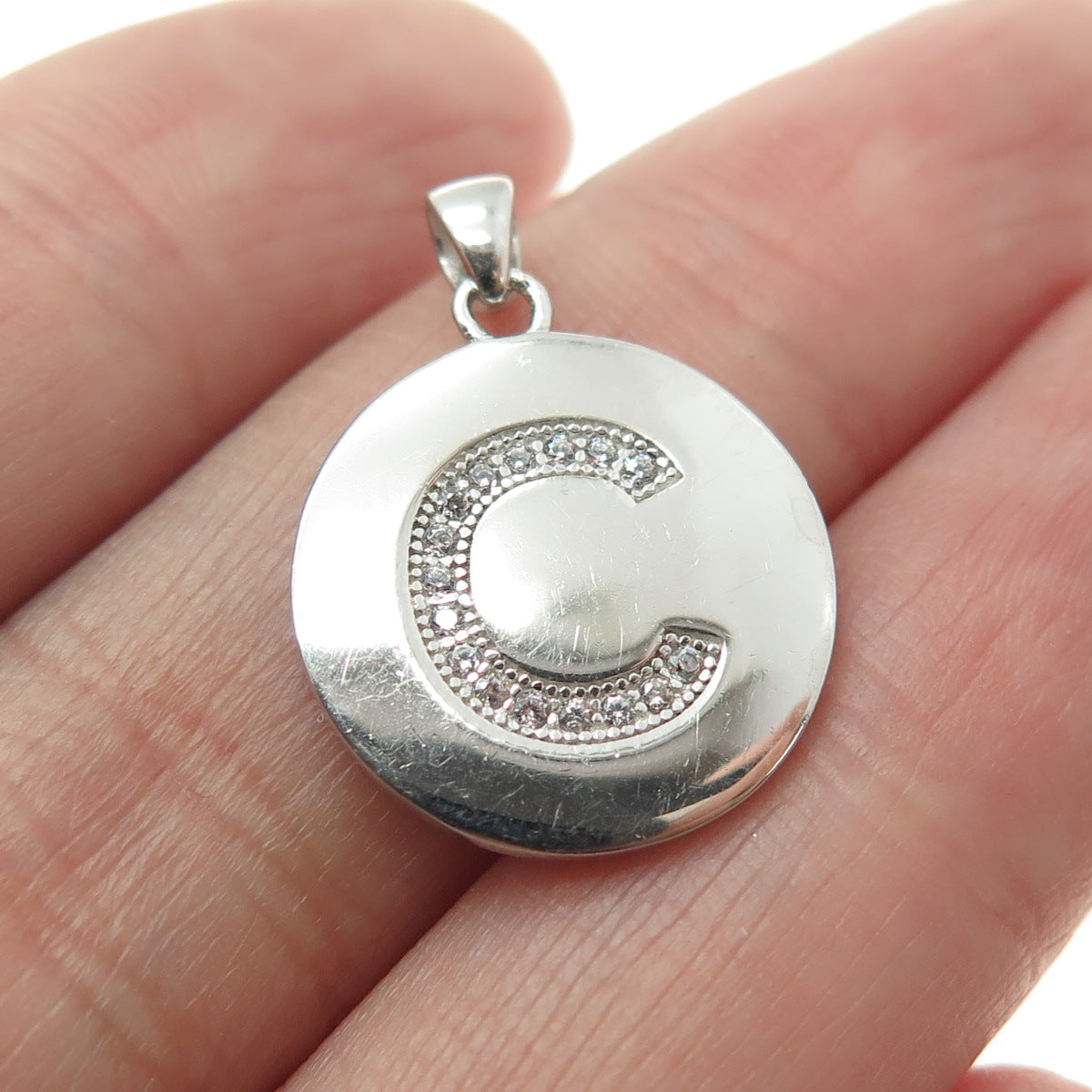 925 Sterling Silver Round-Cut C Z Letter "C" Initial Minimalist Charm Pendant