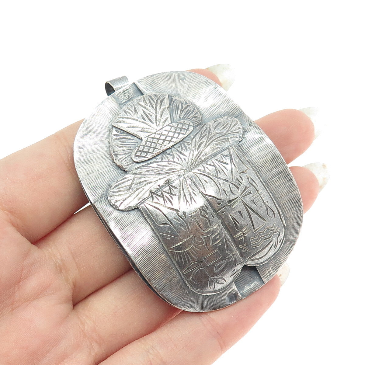 800 Silver Vintage Egypt Beetle / Scarab Oxidized Pin Brooch / Pendant