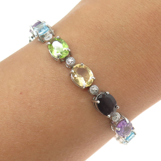 925 Sterling Silver Vintage Real Diamond Accent & Multi-Gem Tennis Bracelet 7"