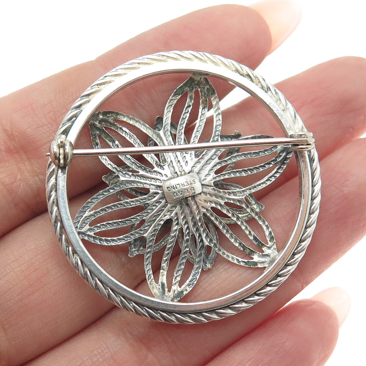 BEAU 925 Sterling Silver Antique Art Deco Flower Round Pin Brooch