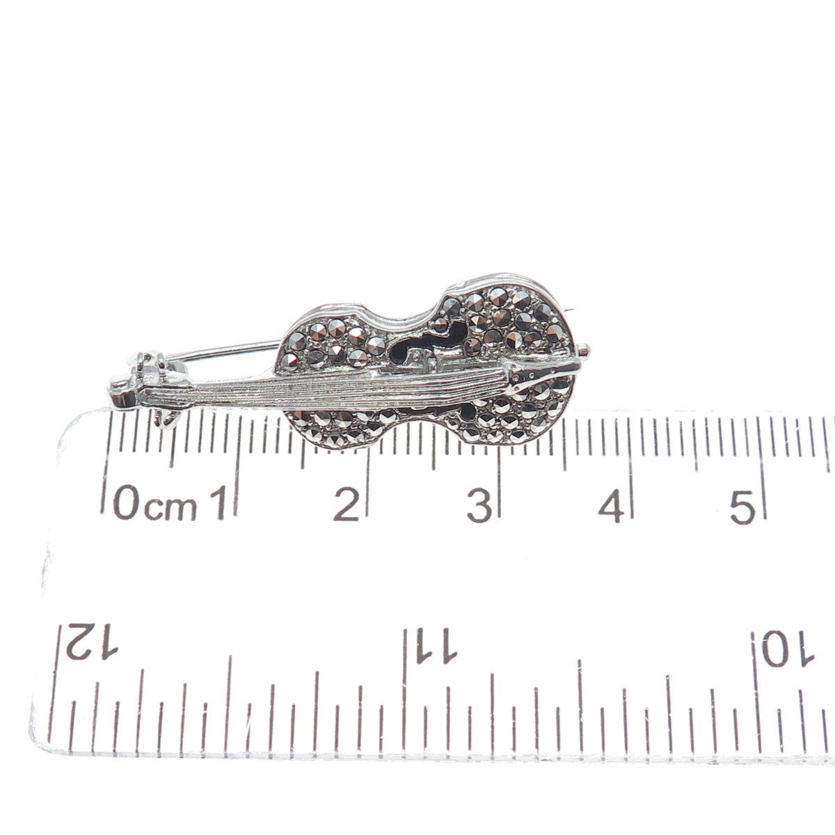 925 Sterling Silver Antique Art Deco Real Marcasite Gemstone Violin Pin Brooch